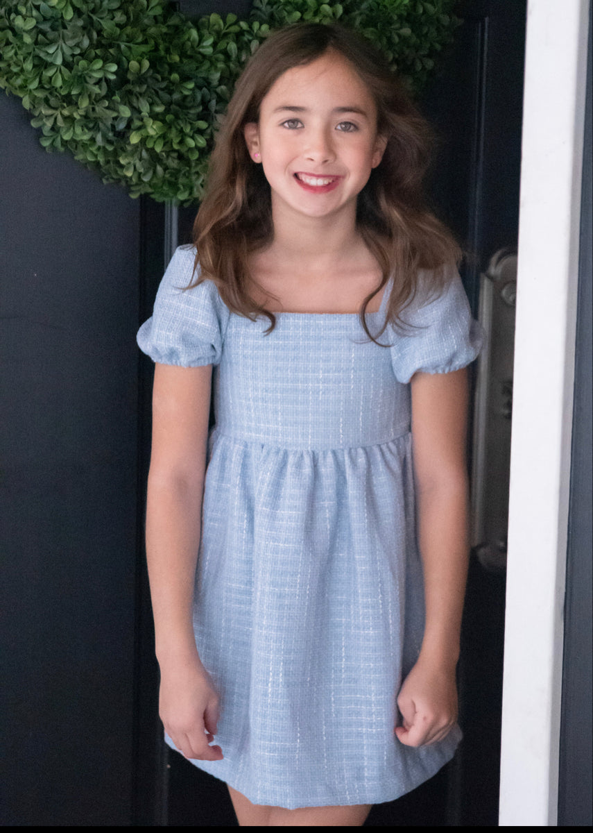 Puff Sleeve Dress, Blue Tweed 10 Puff Sleeve Dress, Blue Tweed 10