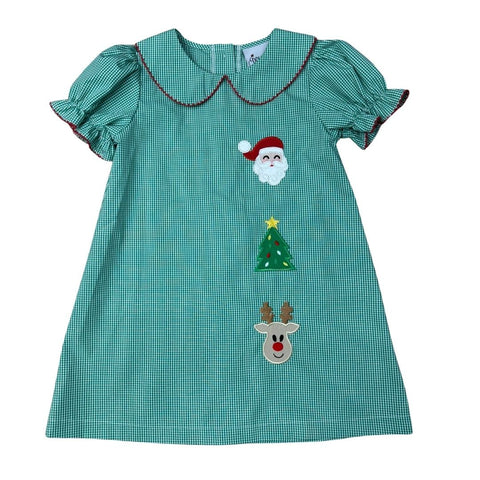 Girls Green Gingham Peter Pan Collar Applique Christmas Dress