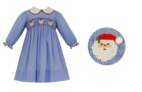 Blue Check Dress-Santa Embroidered