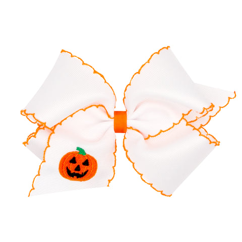 White Medium Moonstitch Bow with Pumpkin Embroidery