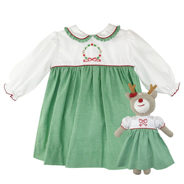 Knit Reindeer Doll with Embroidered Green Check Dress