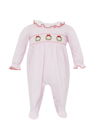 Pink Knit Wreath Smocked Footie