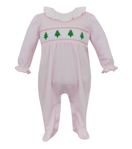 Pink Knit Long Bubble w/ Smocked Trees (9M)