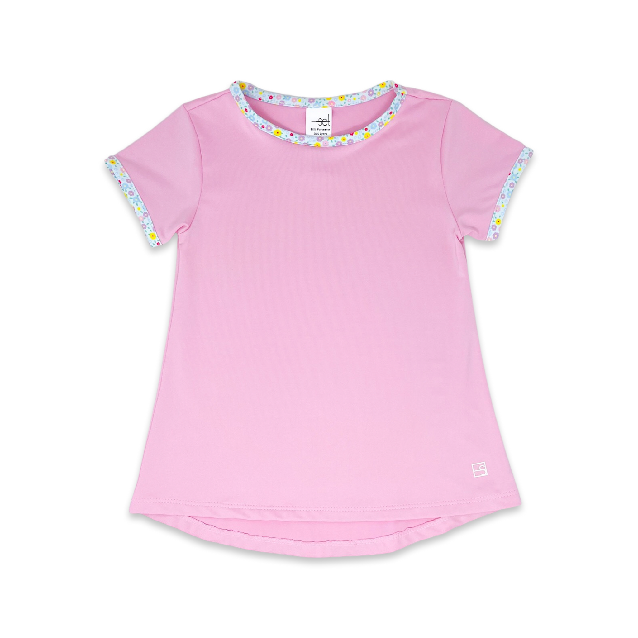 Bridget Basic T-Shirt- Pink w/ Floral Trim (7-8)