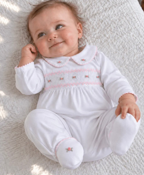 Grace Smocked Footie - Wht/Pk Roses