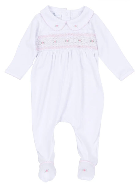 Grace Smocked Footie - Wht/Pk Roses