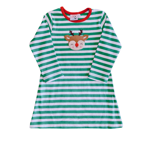 Green and White Stripe Dress with Reindeer (24M)
