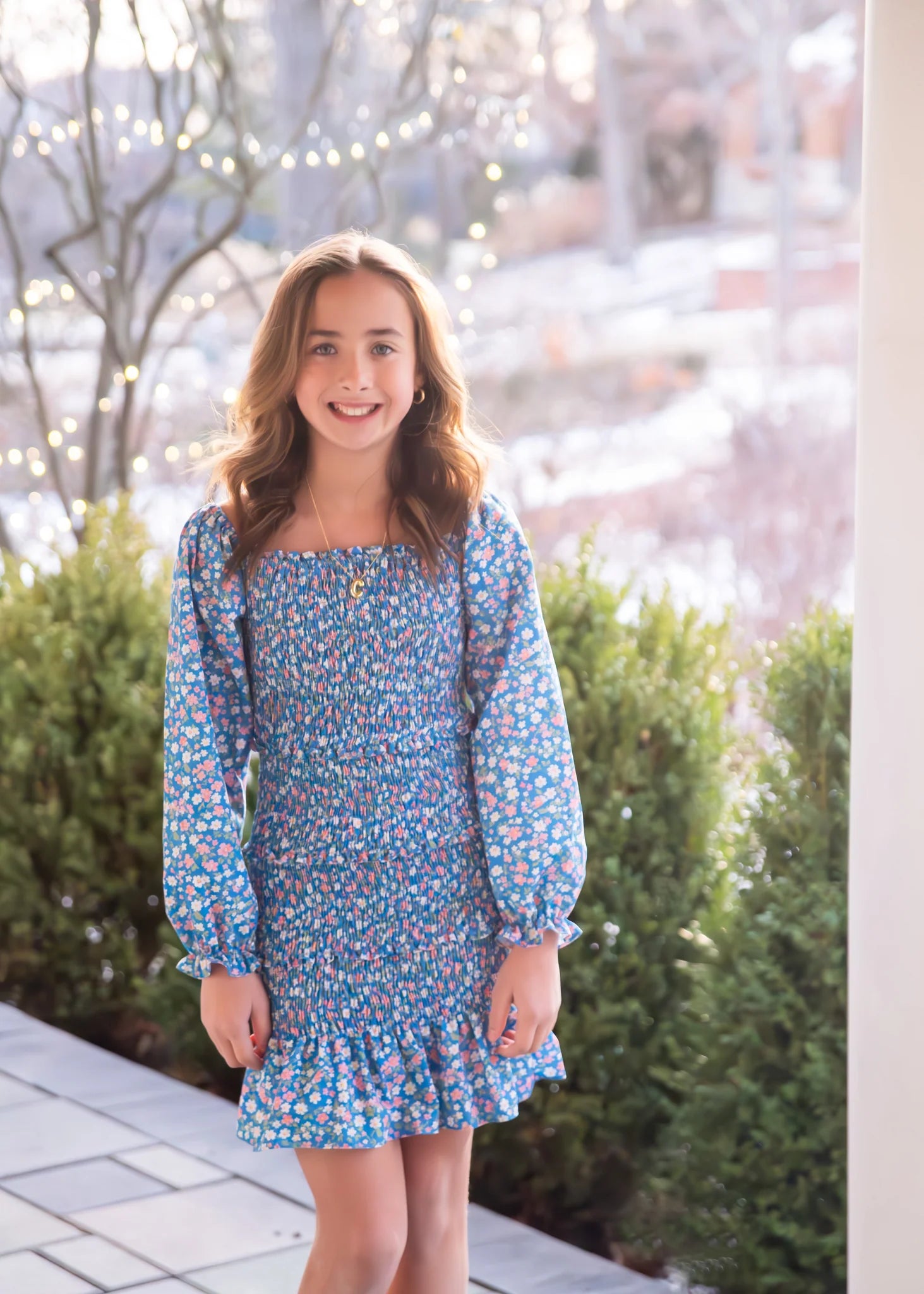 long sleeve smocked dress Secret Garden Long Sleeve Smocked Bodice Dress White