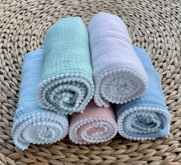 Pom Pom Edge Swaddle - Denim