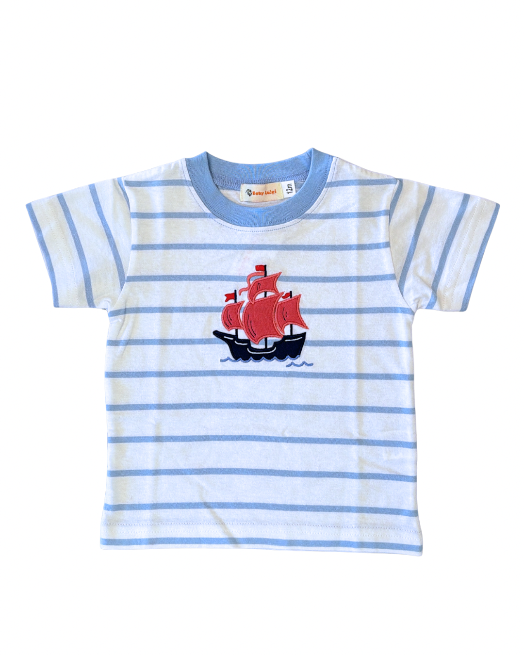 Boys Light Blue Stripe Shirt with Pirate Ship Applique