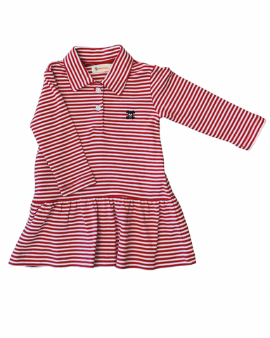 Long Sleeve Red and White Stripe Polo Dress with Skull Embroidery