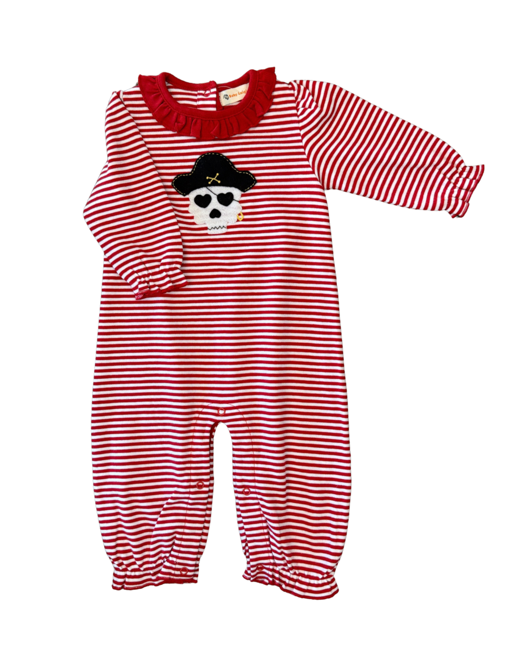 Red Stripe Romper w/ Ruffle Collar & Skull Applique
