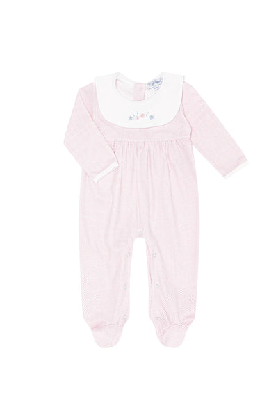 Herringbone Footie w/ Flower Embroidered Collar