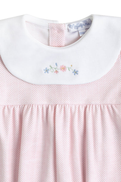 Herringbone Footie w/ Flower Embroidered Collar