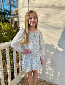 Long Sleeve Smocked Dress- Blue Floral Swiss Dot