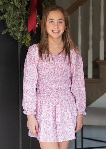 Long Sleeve Smocked Dress - Pink Floral