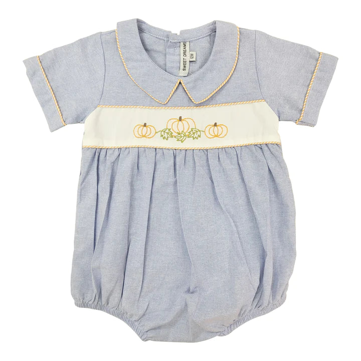 Chambray Embroidered Pumpkin Boy Bubble