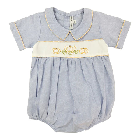 Chambray Embroidered Pumpkin Boy Bubble (12m)