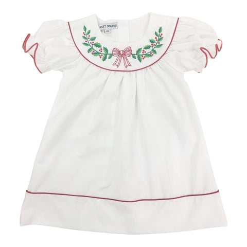 White Embroidered Wreath w/ Red Bow Dress