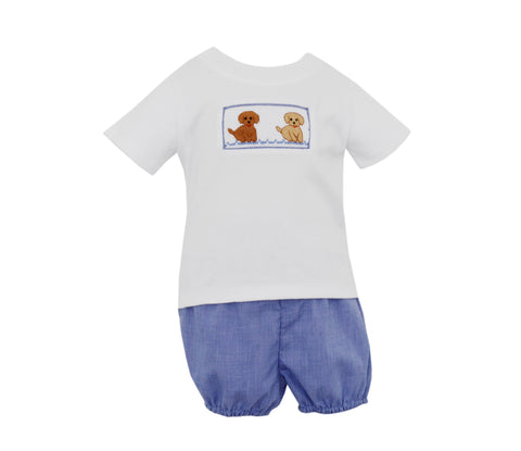 Blue Check Smocked Dogs Diaper Set