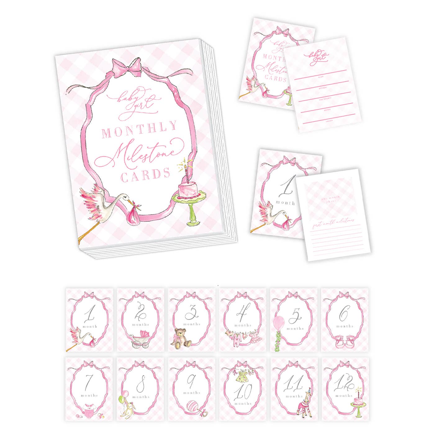 Watercolor Baby Girl Pink Gingham Milestone Cards – Ellie B. Children's ...