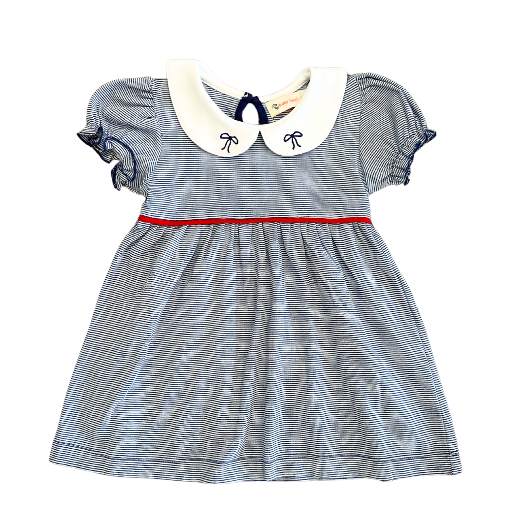 Navy Stripe Dress w/ Embroidered Bow Collar