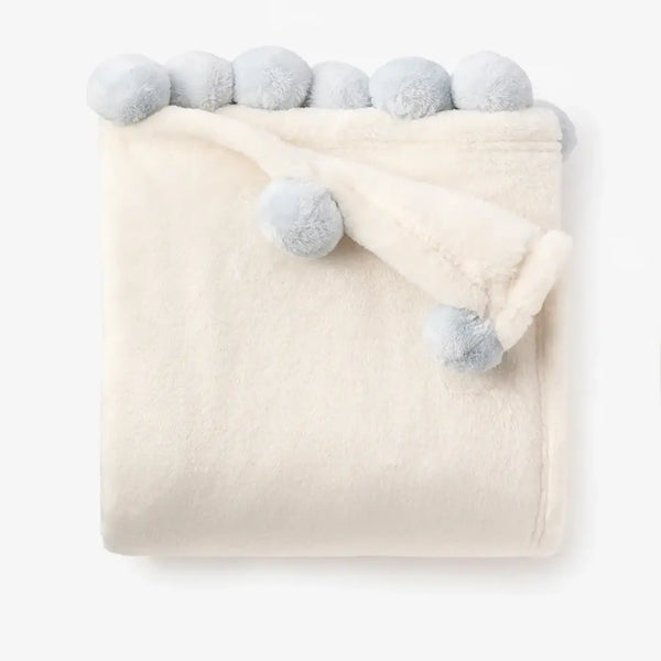 Blue Pom Trim Fleece Stroller Blanket