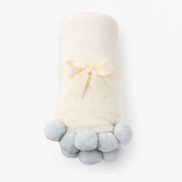 Blue Pom Trim Fleece Stroller Blanket