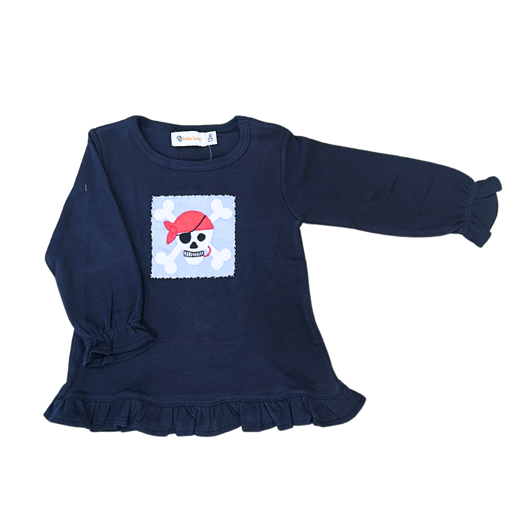 Navy Ruffle Hem Top w/ Skull Applique