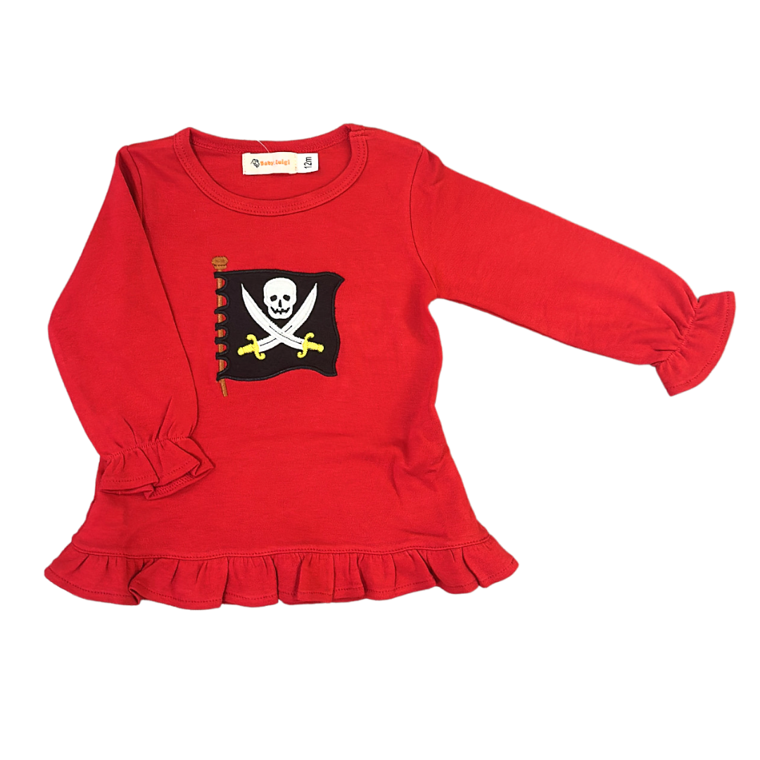 Red Ruffle Hem Top w/ Pirate Flag