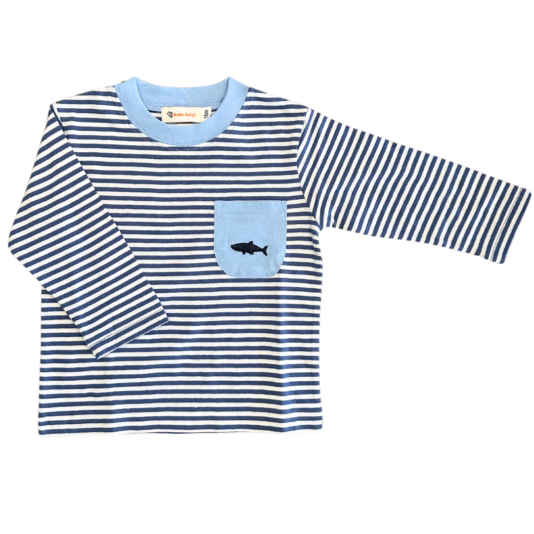 L/S Navy Stripe Tee w/ Shark Pocket