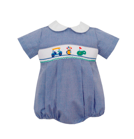 Boys Bubble- Navy Check with Golf Smocking