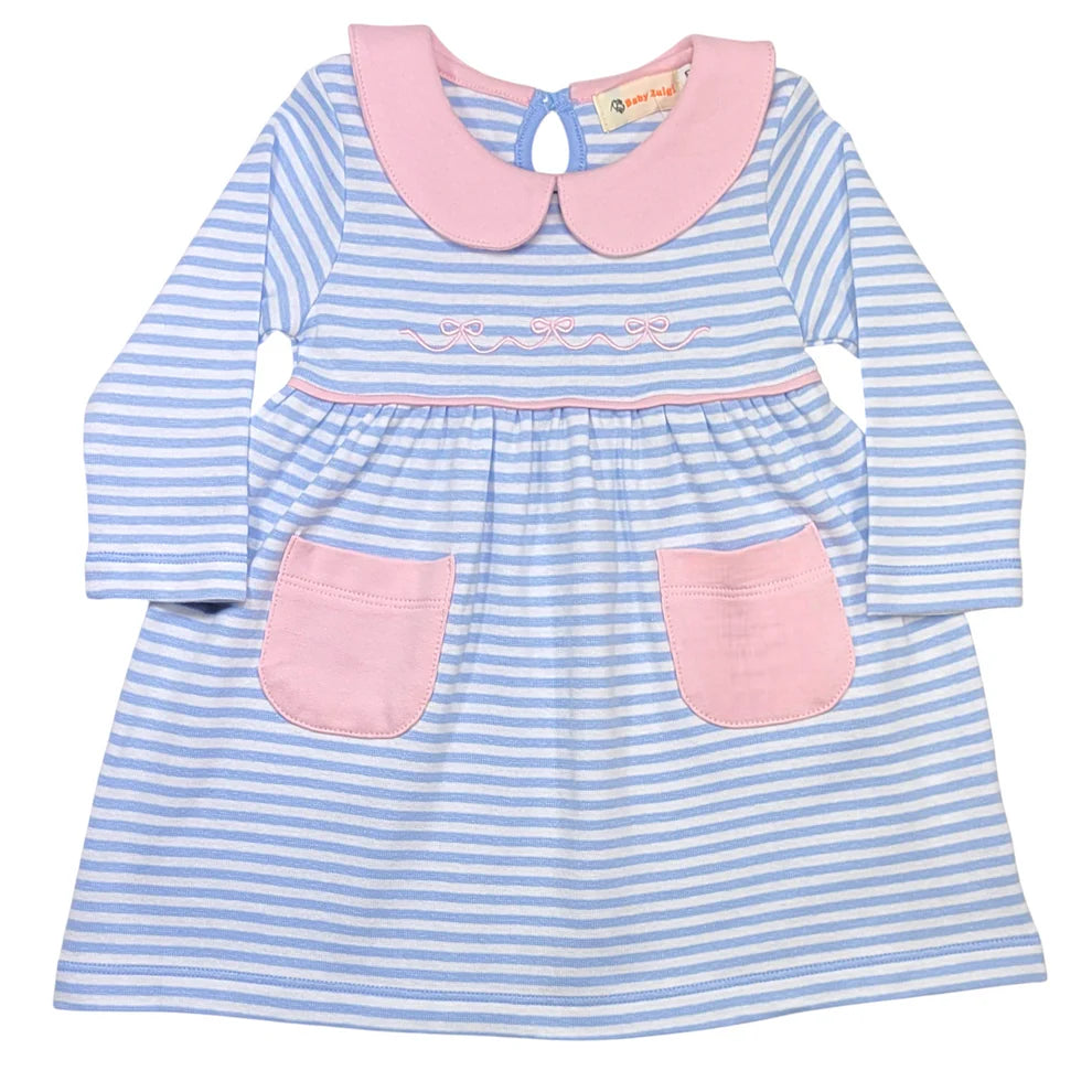 Blue & White Stripe Dress w/ Bow Embroidery
