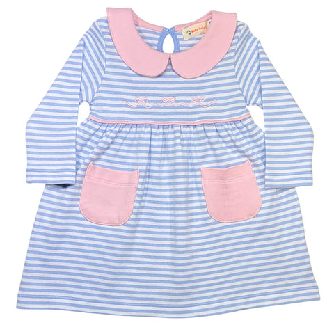 Blue & White Stripe Dress w/ Bow Embroidery