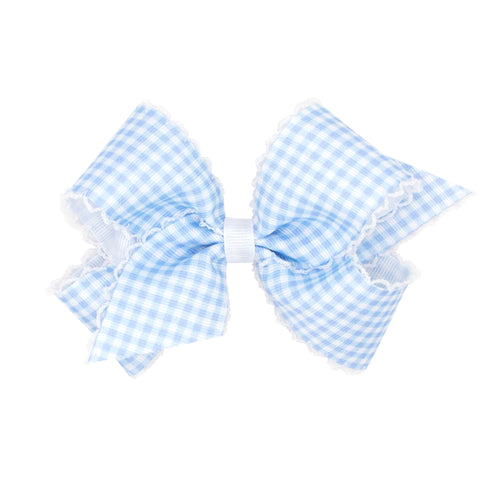 Medium Gingham Print With Moonstitch Trimmed Bow - Light Blue