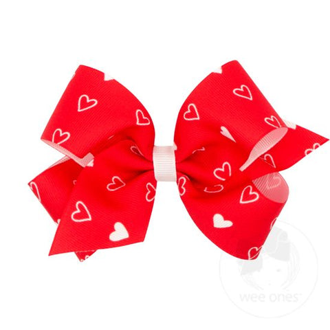 Medium Heart Print Valentine Bow - Red
