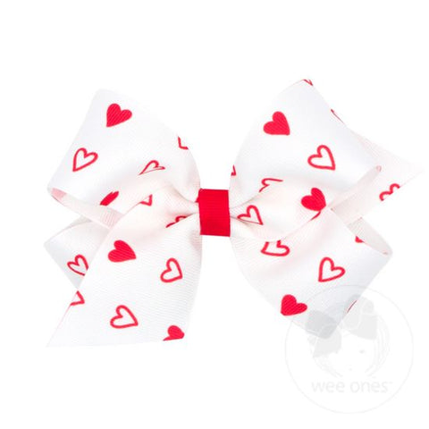 Medium Heart Print Valentine Bow - White