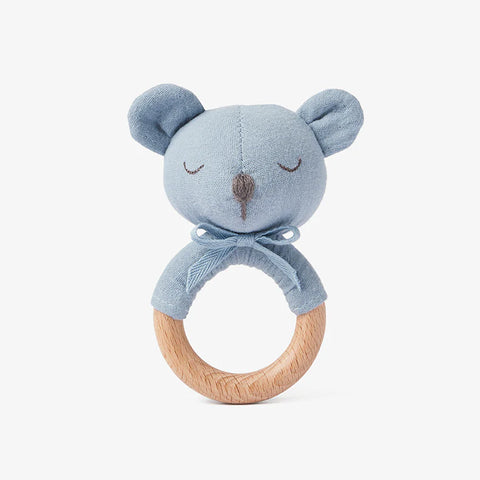 Stone Blue Bear Wooden Ring Rattle