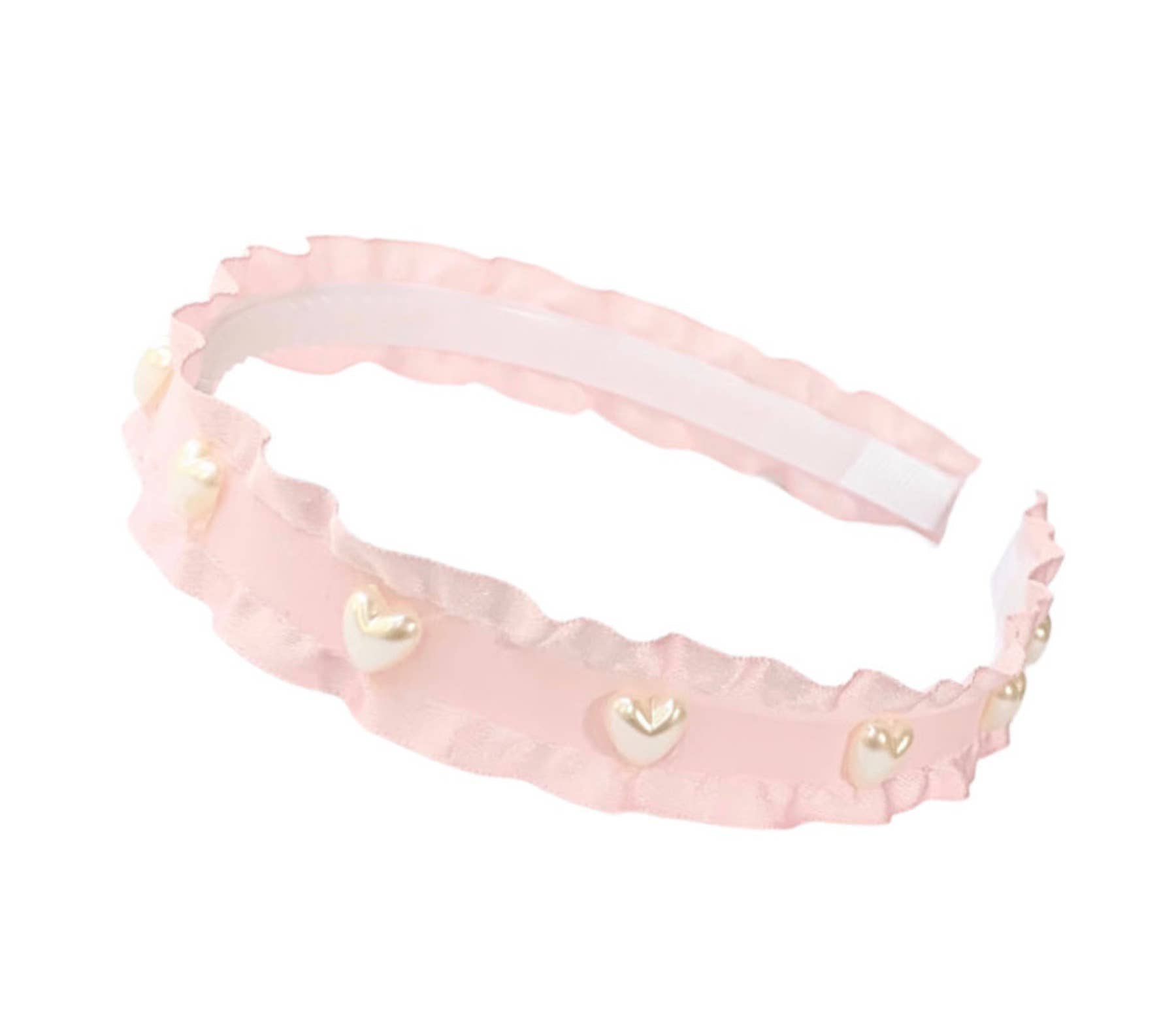 Pearl Heart Double Ruffle Ribbon Headband - Pink