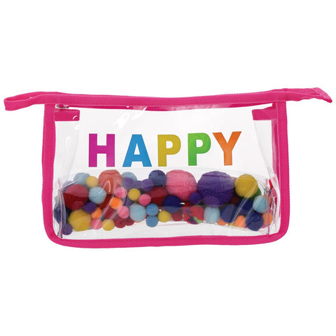 Happy Clear Cosmetic Bag with Pom Poms