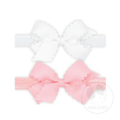Two Mini Scallop Bows with Bands - White and Light Pink