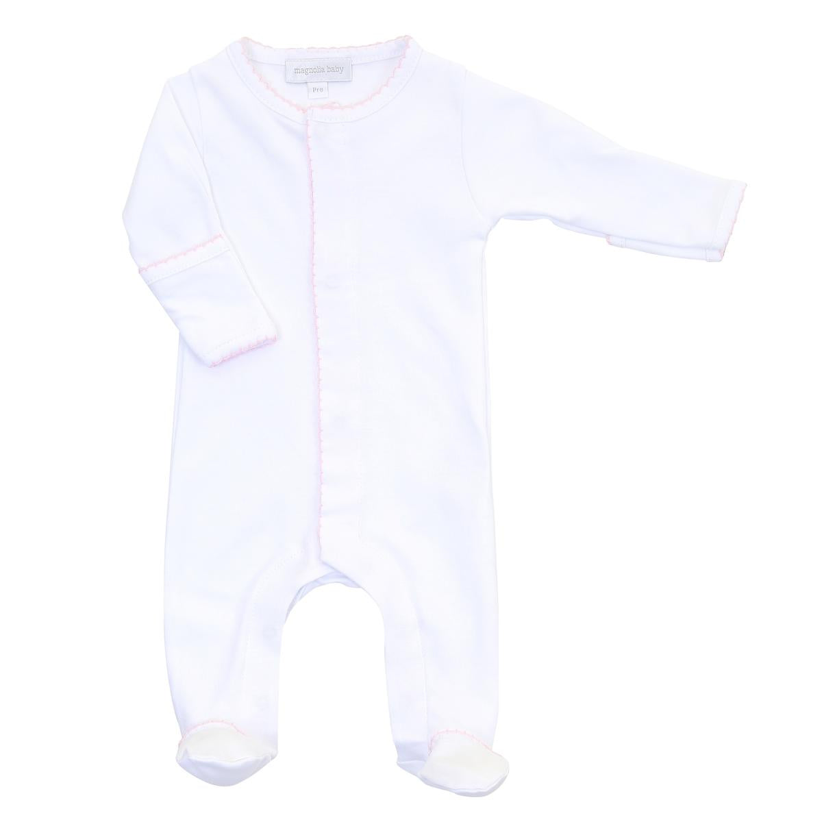 White Essentials Footie with Pink Trim