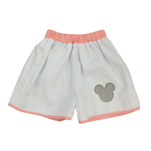 Light Blue Check Embroidered Mickey Shorts