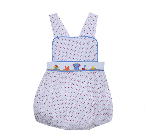 Red Knox Boy Playsuit- Playing in the Sand (6M, 9M)