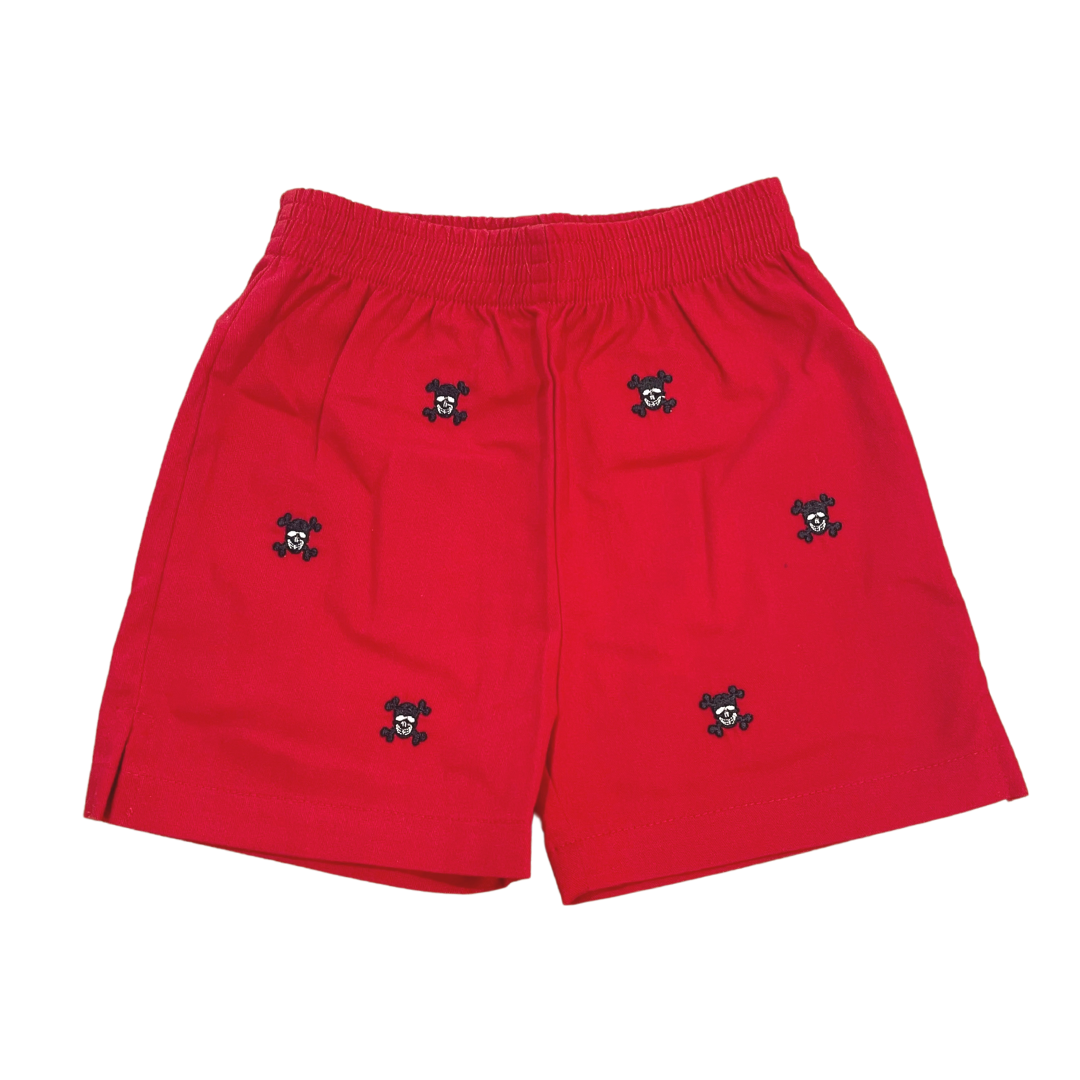 Red Twill Shorts with Skull Embroidery