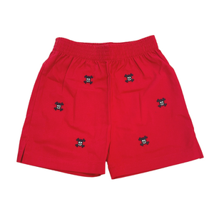 Red Twill Shorts with Skull Embroidery