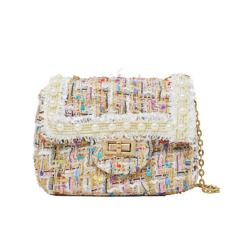 Classic Tweed Handbag with Pearls - White