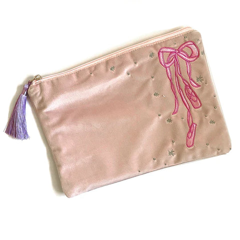 Embroidered Pink Velvet Ballet Cosmetic Bag