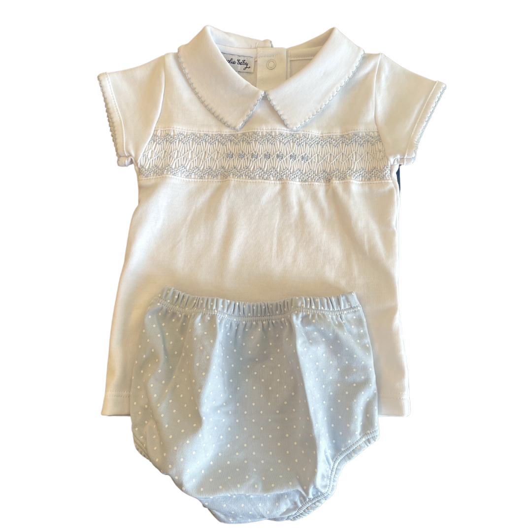 Layla and Lennox Smocked Collared Diaper Cover Set - Light Blue