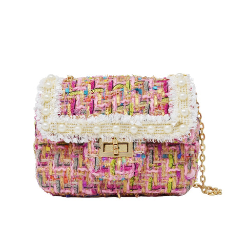 Classic Tweed Bag with Pearls - Pink